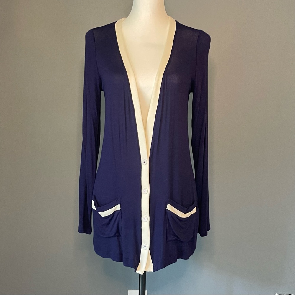 NWOT Three Dots Navy Cardigan with Cream Trim